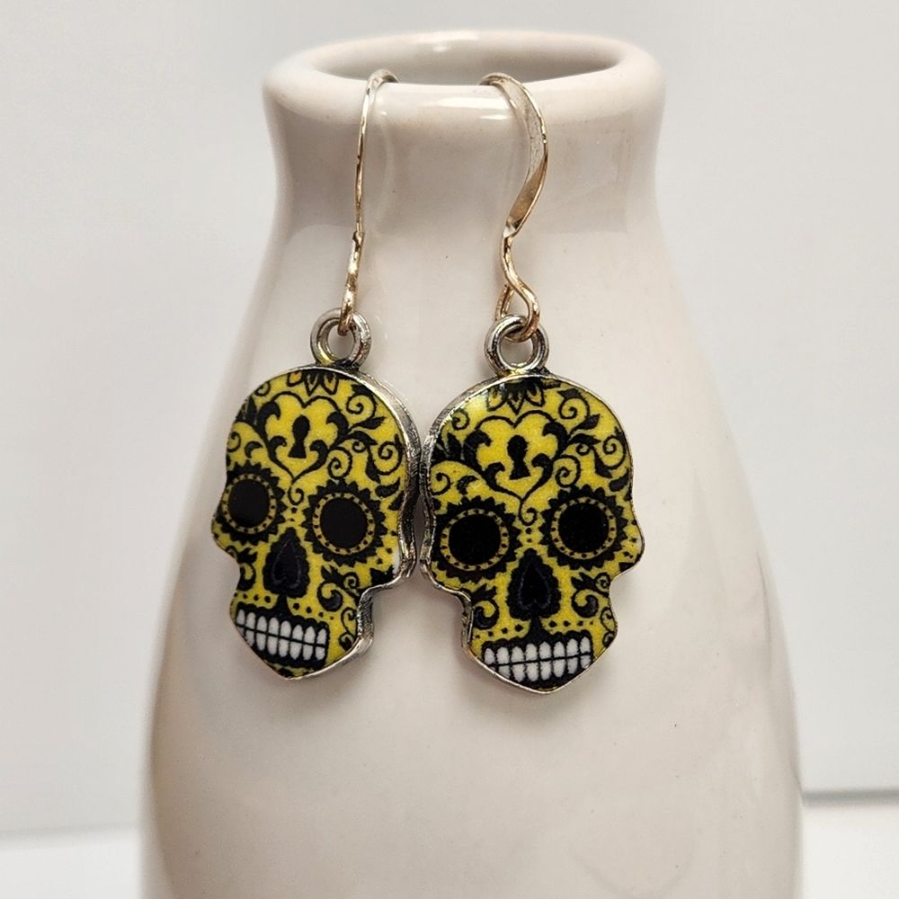Sugar Skull Earrings On Sterling Silver French Earwires Yellow Black